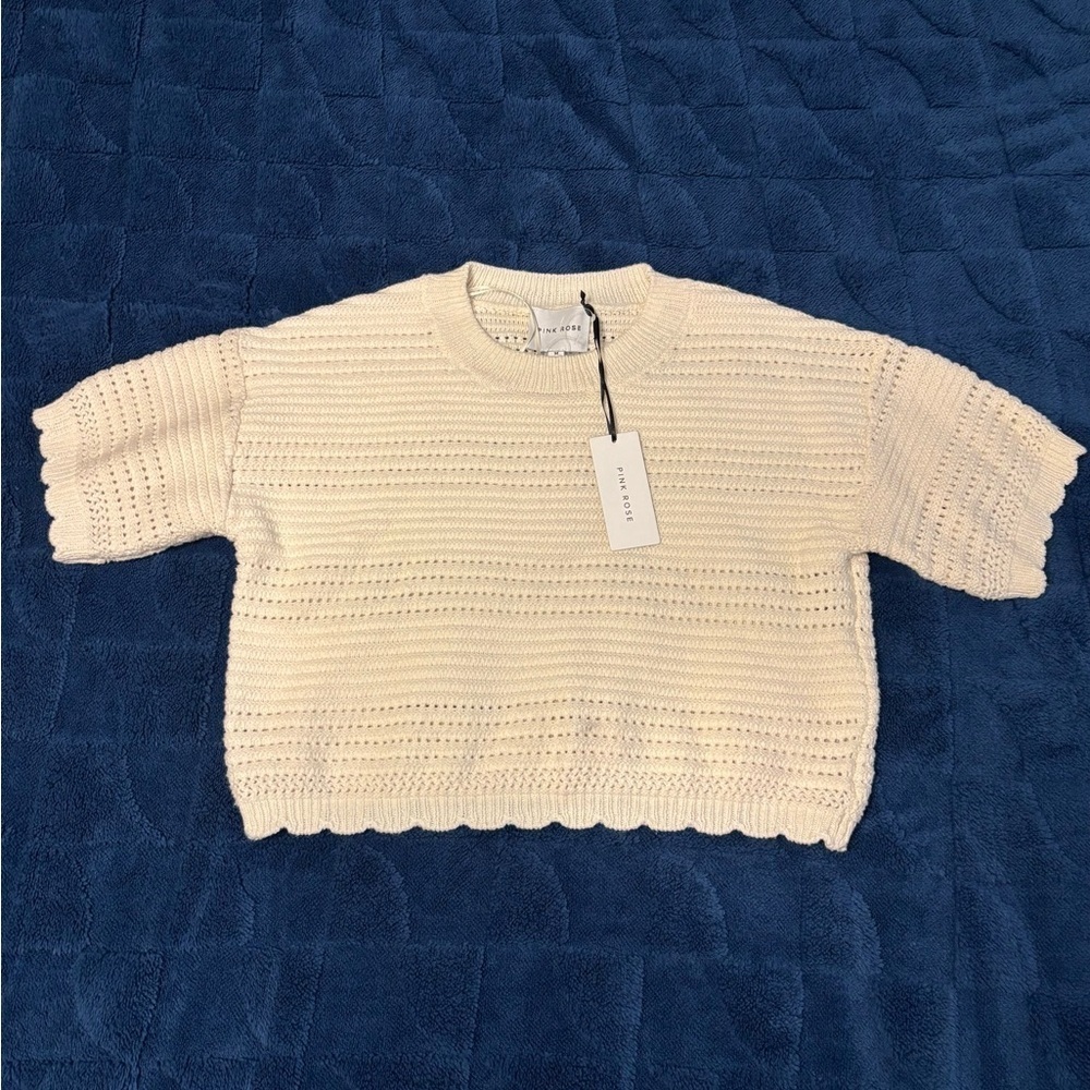 Pink Rose Women Cream Crochet Knit Crop Blouse